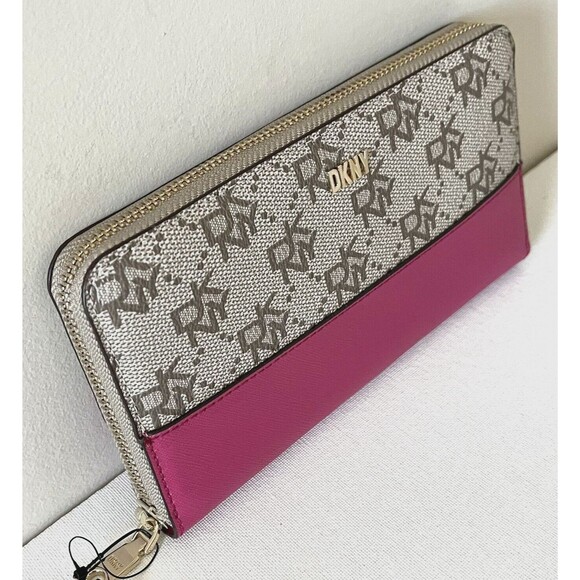 New DKNY Boxed Bryant Large Zip Around Continental Wallet Khaki / Neon Pink - Picture 3 of 5